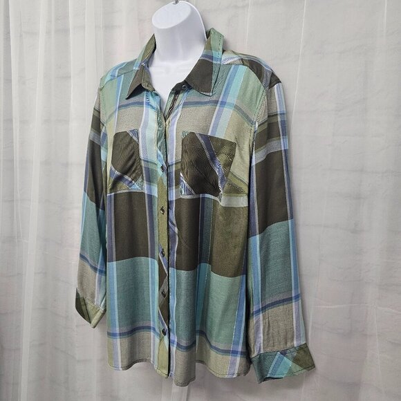 CJ Banks Green Blue Plaid Button Metallic Blouse Casual 1X - Picture 7 of 13